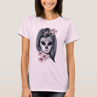 Rosa und schwarzer Zuckerschädel Hippie-Mädchen T-Shirt
