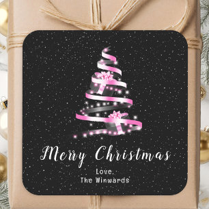 Rosa und schwarzes Band Geschenk Frohe Weihnachten Quadratischer Aufkleber