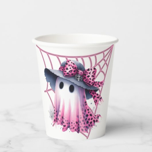 Rosa und schwarzes Coquette Halloween Pappbecher (Vorderseite)