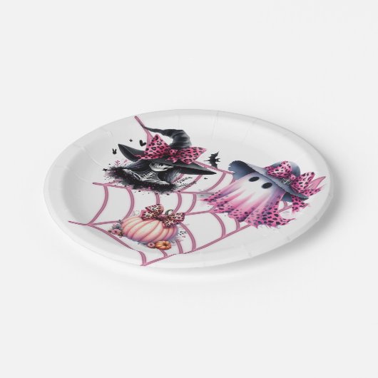 Rosa und schwarzes Coquette Halloween Pappteller (Schrägansicht)