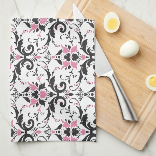 Rosa und schwarzes Damast-Muster Geschirrtuch (Viertel Falte)