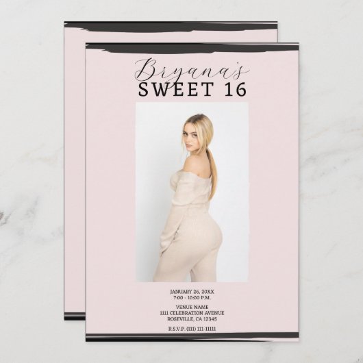 Rosa und schwarzes Foto Rahmen Trendy Modern Sweet Einladung (Vorne/Hinten)