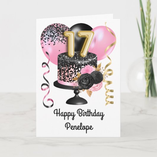 Rosa und schwarzes Gold 17. Geburtstag Karte (Vorderseite)