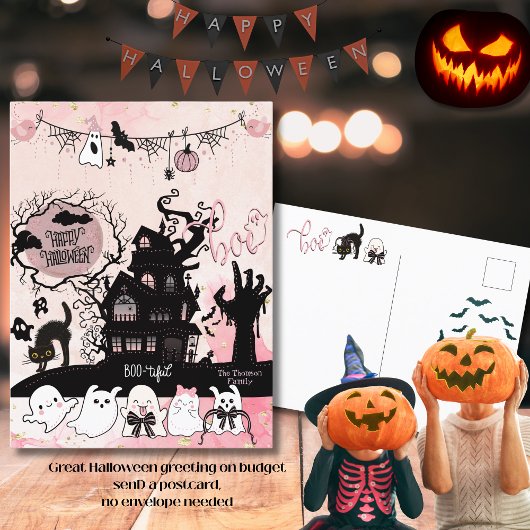 Rosa und schwarzes Halloween "Boo" Gruß Postkarte
