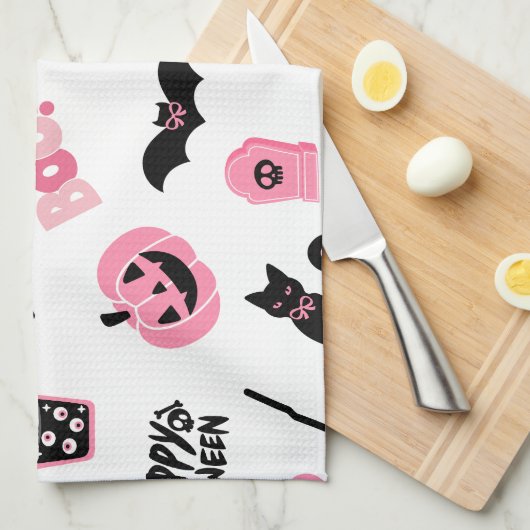 Rosa und Schwarzes Halloween Geschirrtuch (Viertel Falte)