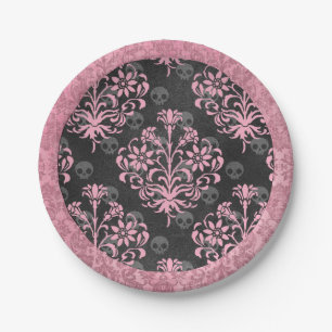 Rosa und schwarzes Harlekin- und Damastmuster Pappteller