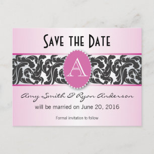 Rosa und schwarzes Monogramm Vintage Save-the-Date Ankündigungspostkarte