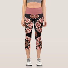 Rosa und schwarzes östliches Design Capri Leggings