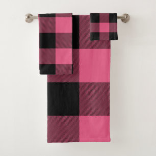 Rosa und schwarzes rustikales Büffel-Karo gemuster Badhandtuch Set