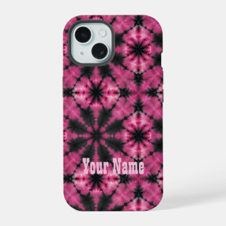 Rosa und schwarzes Tie-Dye personalisierter Name iPhone 15 Hülle
