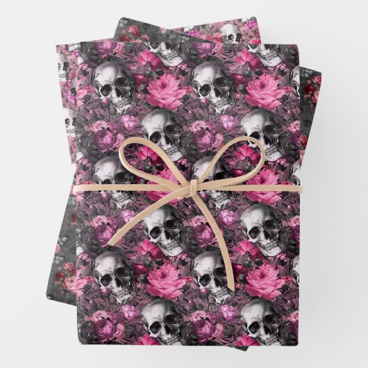 Rosa und schwarzgotische Blütenschädel Geschenkpapier Set (Beispiel)