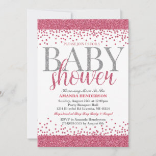 Rosa und Silber Glitter Einladung zur Babyparty
