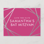 Rosa und silber Moderne Bat Mitzvah Save the Date Ankündigungspostkarte<br><div class="desc">Moderne, trendige und elegante Bat Mitzvah in Silber und Rosa Save the Date Postkarten mit einer einzigartigen geometrischen Quadrat-Grenze. Dieses preisgünstige Bat Mitzvah können Sie ganz einfach Save the Date mit individuelle Name, Datum und Details Ihrer lustigen und raffinierten Feier gestalten. Der gesamte Text ist editierbar, sodass dieses Design leicht...</div>