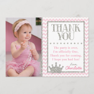 Rosa und Silber Prinzessin-Birthday Thank You Card Dankeskarte