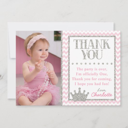 Rosa und Silber Prinzessin-Birthday Thank You Card Dankeskarte (Vorderseite)