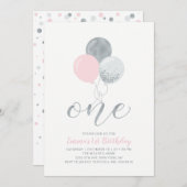 Rosa und Silberballons | Ein 1. Mädchen zum Geburt Einladung (Vorne/Hinten)