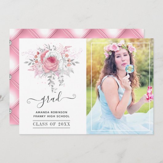 Rosa und silberfarbene Abschluss Foto Ankündigung (Vorne/Hinten)