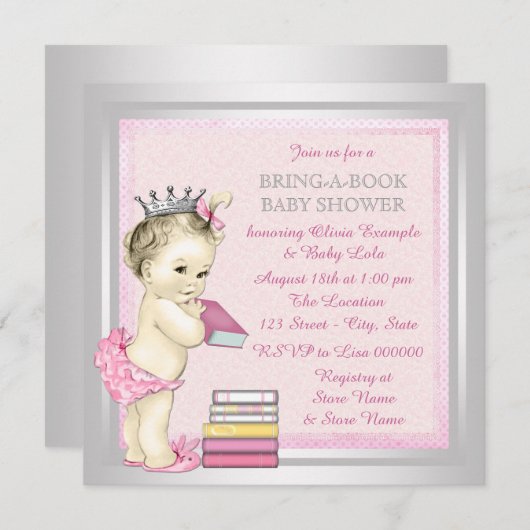 Rosa und Silbermädchen bringen Bücherdusche Einladung (Vorne/Hinten)