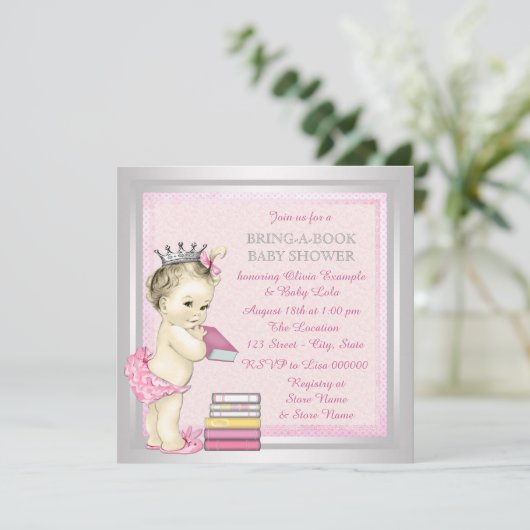 Rosa und Silbermädchen bringen Bücherdusche Einladung (Stehend Vorderseite)