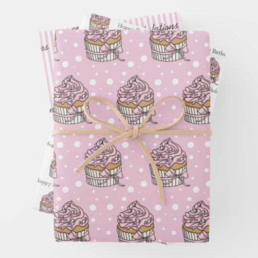 Rosa und silberne Cupcakes Geschenkpapier Set (Beispiel)