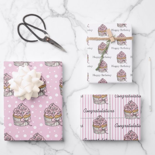 Rosa und silberne Cupcakes Geschenkpapier Set (Vorderseite)