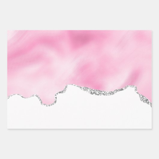 Rosa und silberne Imitate Glitzer Border Stilvoll Geschenkpapier Set (Vorderseite 2)