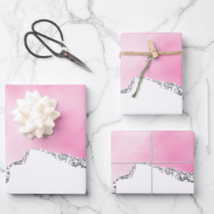 Rosa und silberne Imitate Glitzer Border Stilvoll Geschenkpapier Set