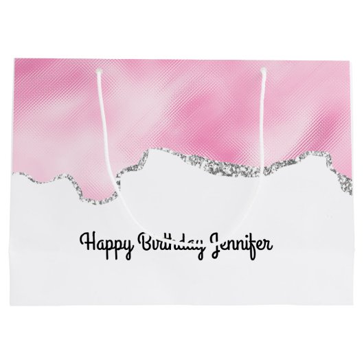 Rosa und silberne Imitate Glitzer Border Stilvoll Große Geschenktüte (Rückseite)