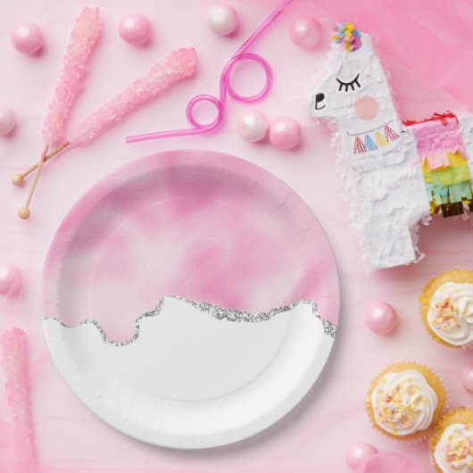 Rosa und silberne Imitate Glitzer Border Stilvoll Pappteller (Party)