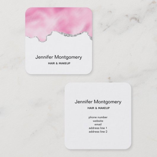 Rosa und silberne Imitate Glitzer Border Stilvoll Quadratische Visitenkarte (Vorne/Hinten)