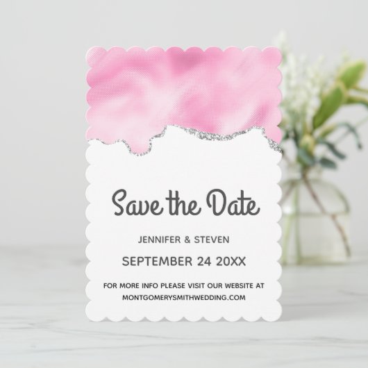 Rosa und Silberne Imitate Glitzer Border Stilvolle Save The Date (Stehend Vorderseite)