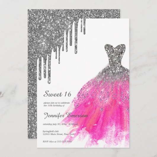 Rosa und silberne Kleidung Glitzer Tropfen 16 . Ge Einladung (Vorne/Hinten)
