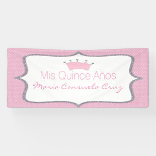 Rosa und silberne Kronen-Tupfen Quinceanera Fahne Banner