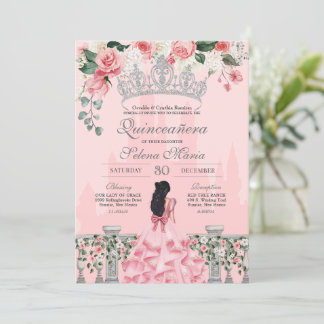 Rosa und silberne Rose Burg Quinceañera Einladung