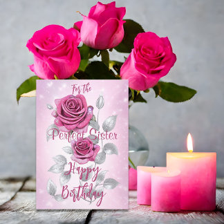 Rosa und silberne Rose Perfekte Schwester Geburtst Karte