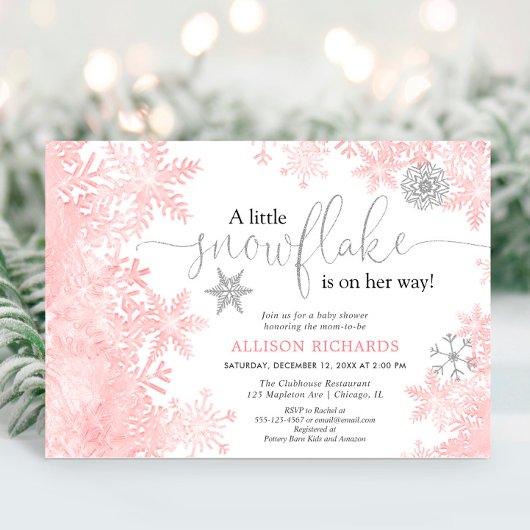 Rosa und silberne Schneeflocke Wintermädchendusche Einladung