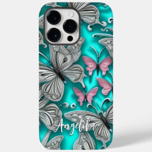 Rosa und silberne Teal-Schmetterlinge personalisie Case-Mate iPhone 14 Pro Max Hülle