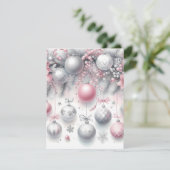 Rosa und Silberne Weihnachtsschmuck Hintergrund Feiertagskarte (Stehend Vorderseite)