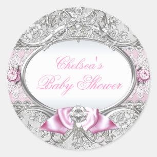 Rosa und silberner Blumen-Schleifen-Baby-Shower-Au Runder Aufkleber