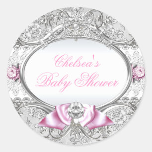 Rosa und silberner Blumen-Schleifen-Baby-Shower-Au Runder Aufkleber