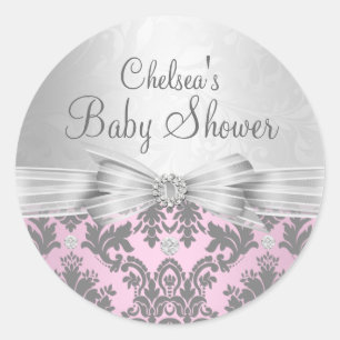 Rosa und silberner Damast-Baby-Shower-Aufkleber Runder Aufkleber