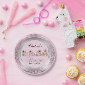 Rosa und silberner Damast mit Teddybären Pappteller (Party)