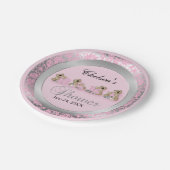 Rosa und silberner Damast mit Teddybären Pappteller (Schrägansicht)