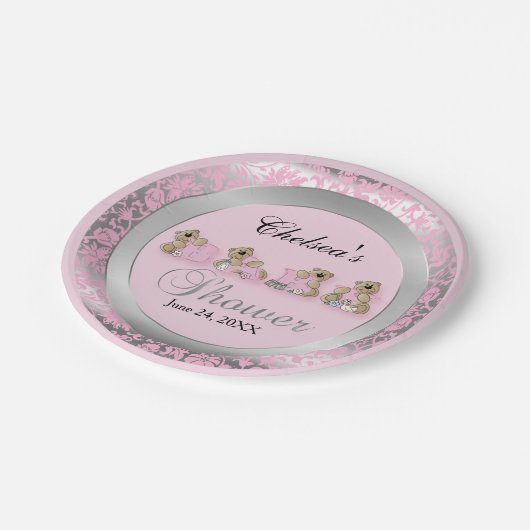 Rosa und silberner Damast mit Teddybären Pappteller (Schrägansicht)