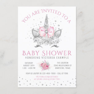 Rosa und silberner Diamant-Einhorn-Baby-Party Einladung