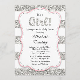 Rosa und Silberner Glitzer Girl Baby Dusche Einlad Einladung