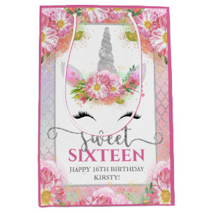 Rosa und silbernes Einhorngesicht Florales Sweet S Mittlere Geschenktüte