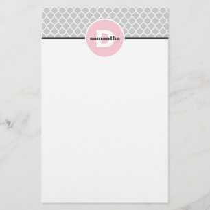 Rosa und silbernes Quatrefoil Monogramm Briefpapier