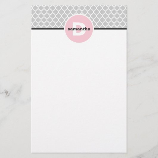 Rosa und silbernes Quatrefoil Monogramm Briefpapier (Vorderseite)