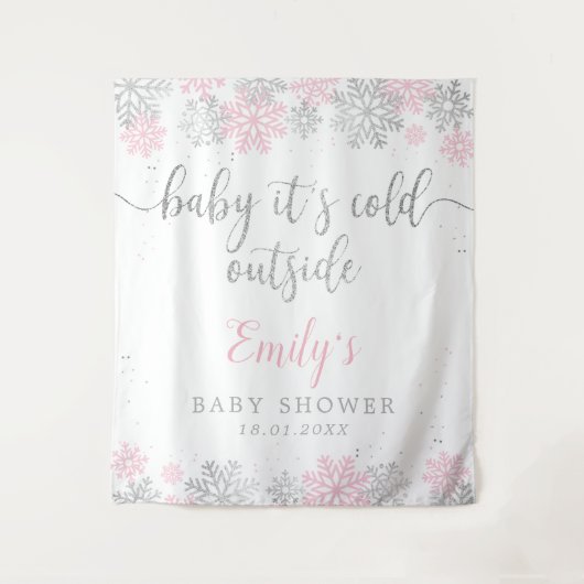 Rosa und Silberschneeflocken Girl Baby Dusche Wandteppich (Vorderseite)